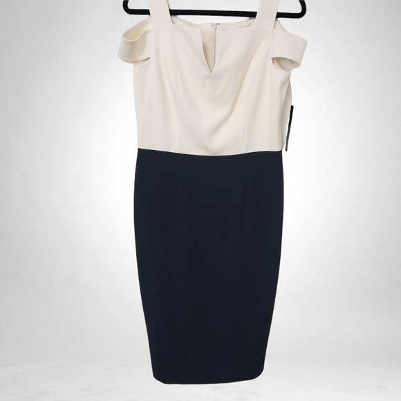 Maggie London NWT 10 Cream&Navy Dropped Shoulder Notched Neckline Classy! - Picture 3 of 16